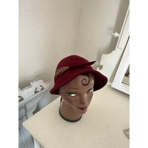 Betmar New York Women’s Hat Red Wool Felt Cloche Hat Burgundy with Feather